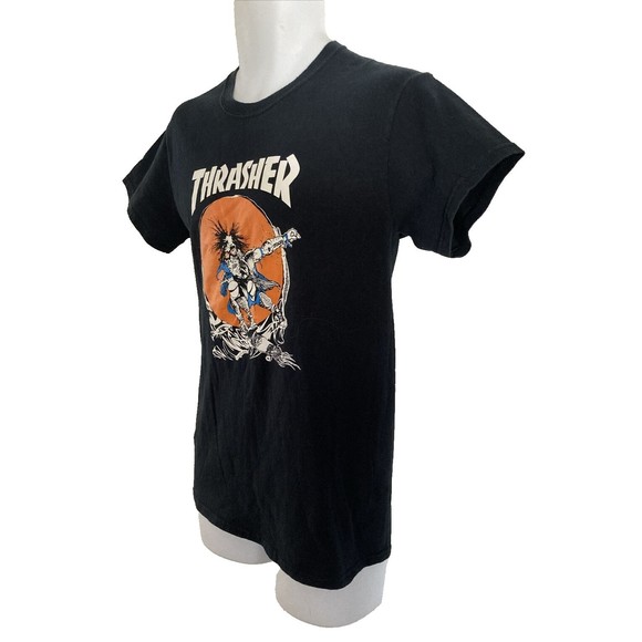 Thrasher Magazine Pushead SKATE OUTLAW LOGO Skateboard T Shirt Size S BLACK EUC - Picture 10 of 10